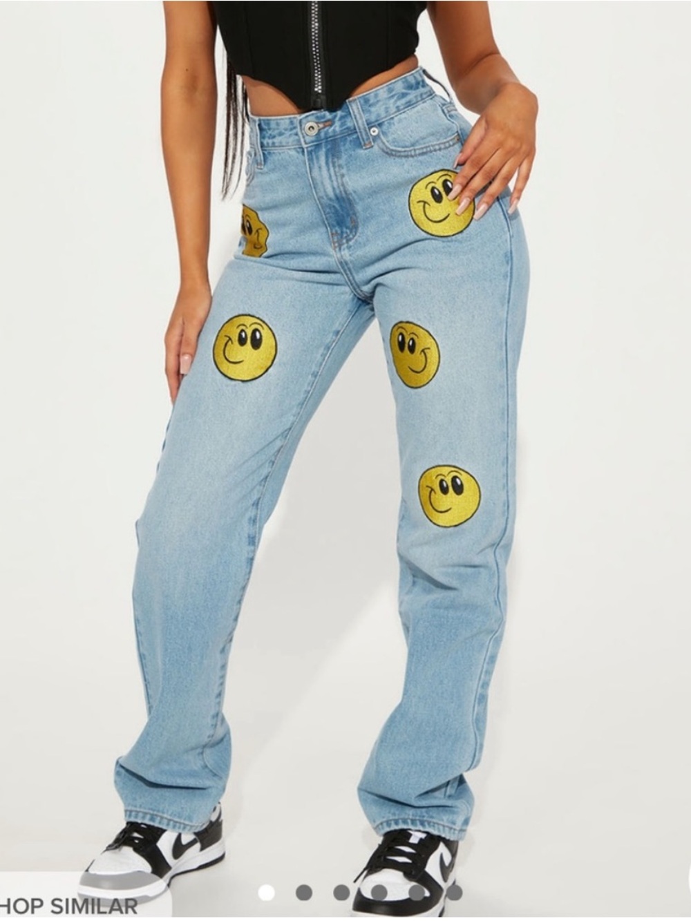 Fashion Nova Light Blue Straight-Leg Jeans with Yellow Smiley Patches